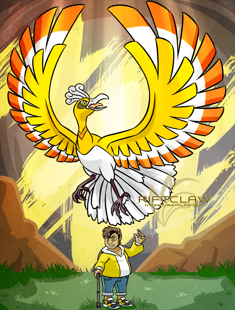 Harsh Sunlight, a drawing of Cain Maple and his Ho-oh, Raia.